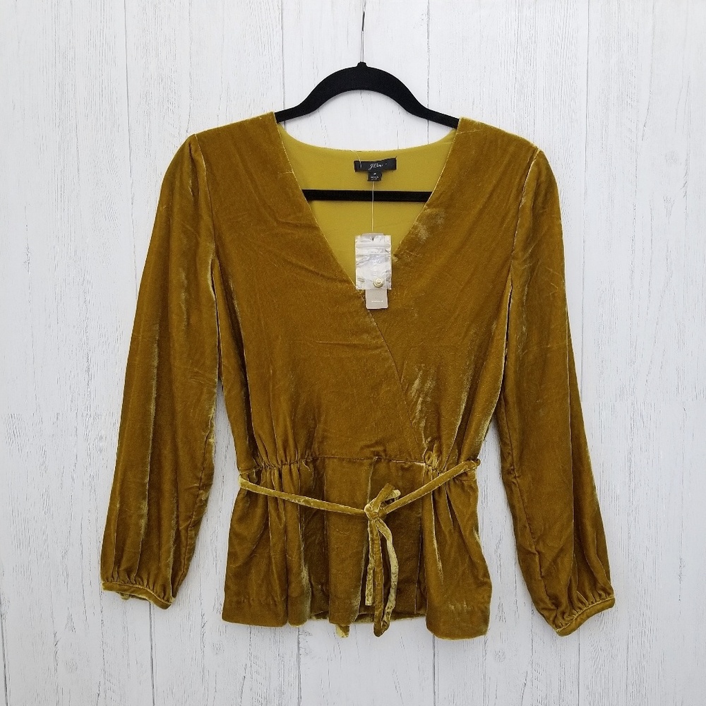 NWT J. Crew Wrap Top in Vintage Gold Velvet Size 2